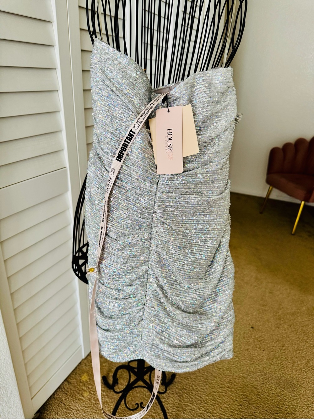 House of CB, Brand New Strapless Silver Ruffle Sequin Mini Dress - Picture 4 of 6